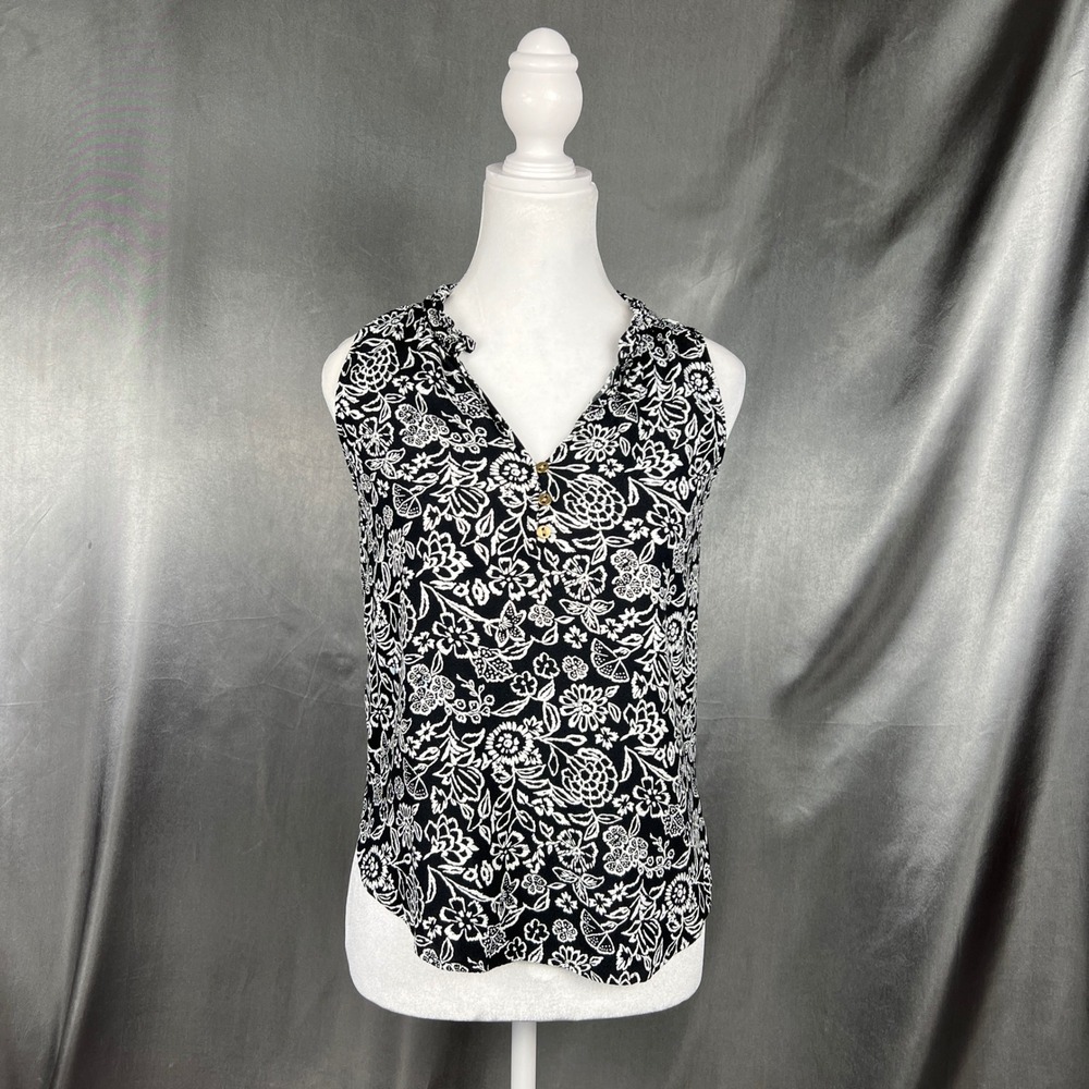 LOFT Womens XXS Black White Floral Rayon Sleeveless Ruffle‎ V-Neck Blouse Shell